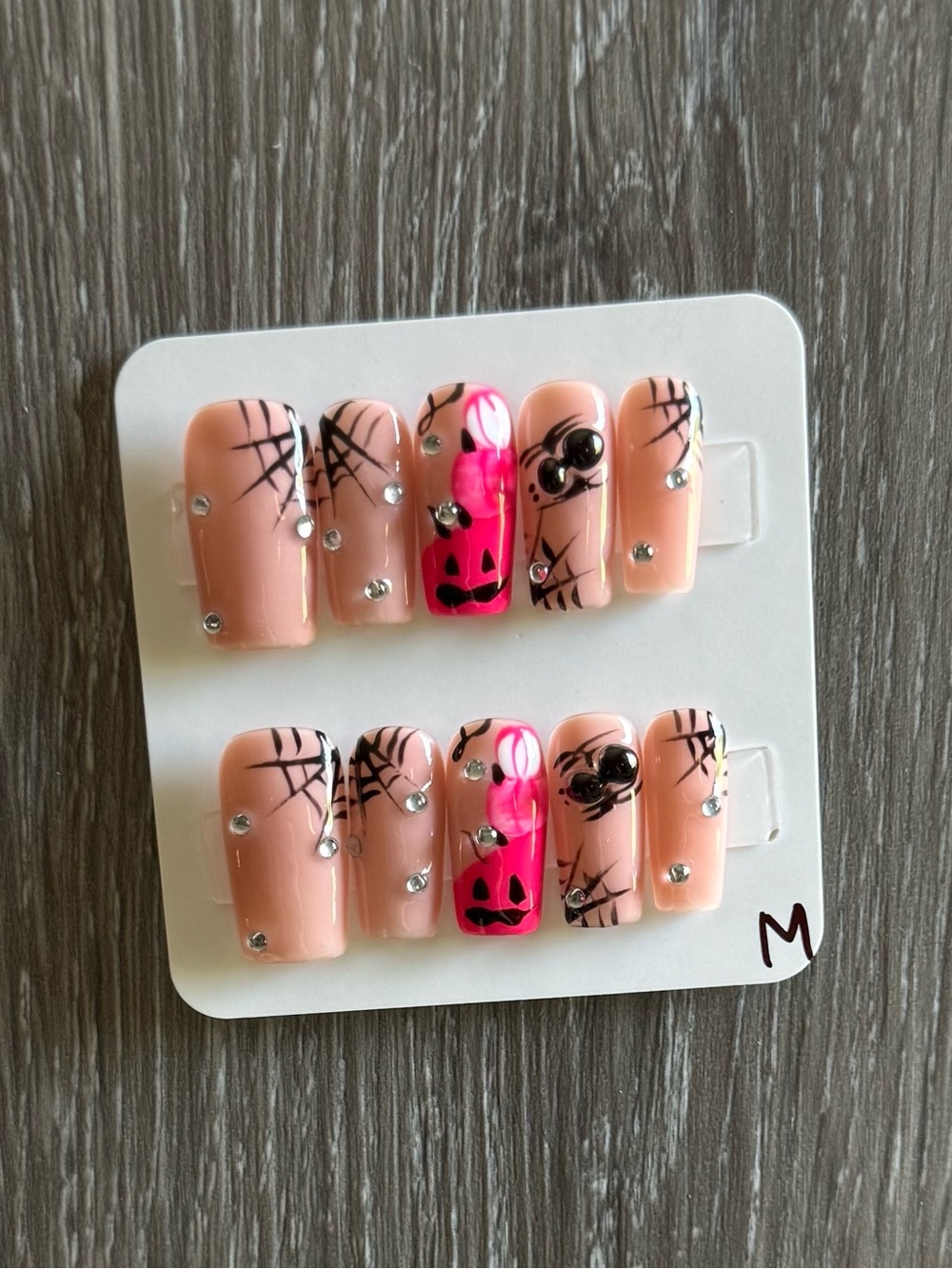 Nude Base with pink pumpkins, spider webs and 3D spider Halloween press on nails